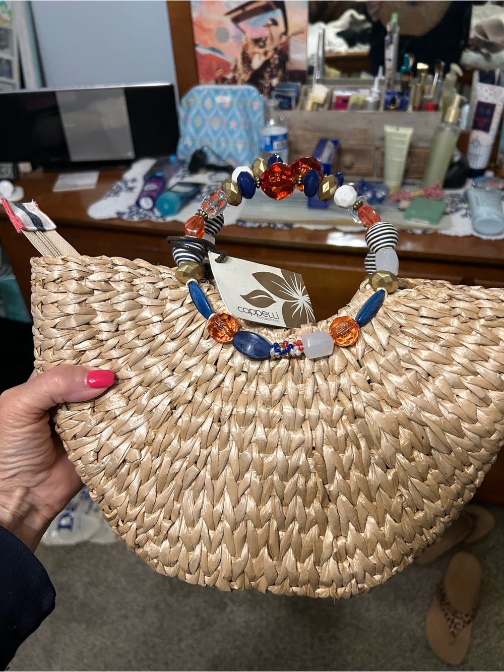 Natural Straw Beaded Handle Women’s Clutch